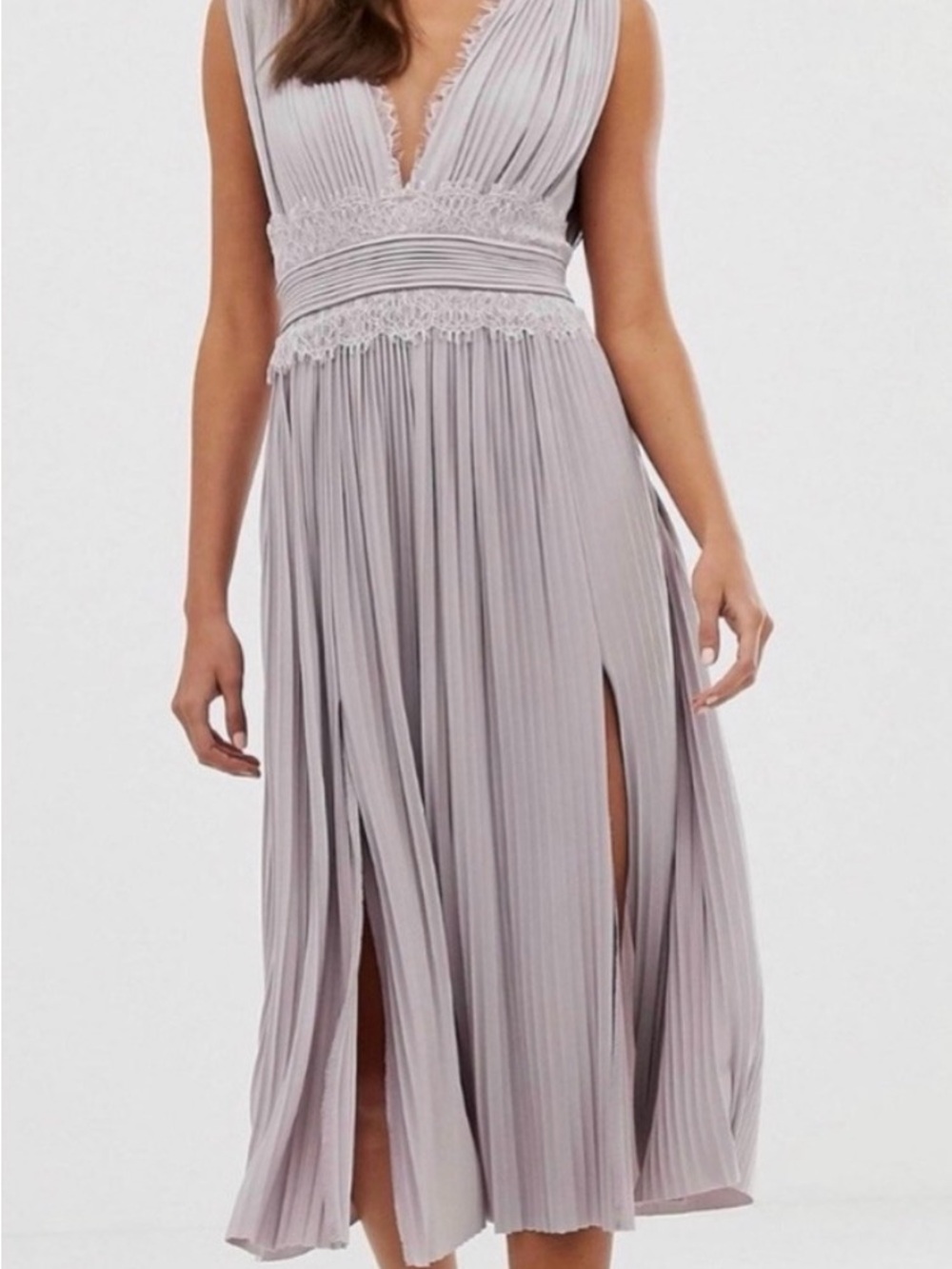 ASOS Pleated V-Neck Midi Dress in Light Gray-Lilac